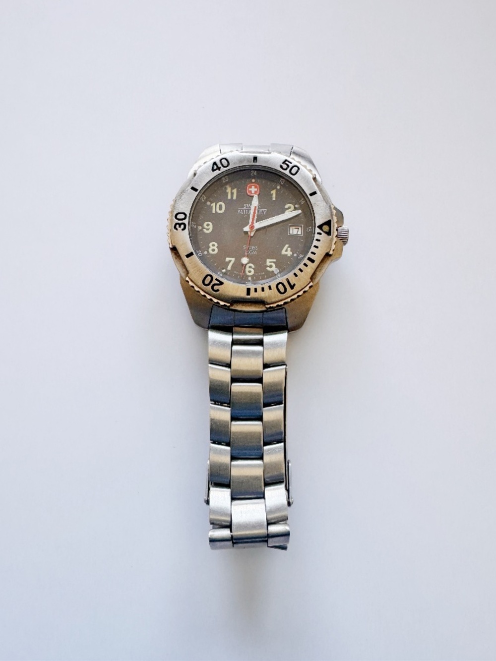 Swiss Military Quartz Mens Diver Watch Black Dial Rotating Bezel Steel 38mm 6.75